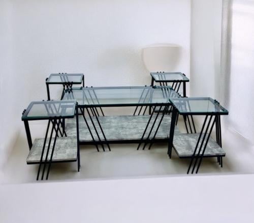 طقم طاولات شاي مودرن خشب سطح زجاج 5 قطع لون رمادي من كاما