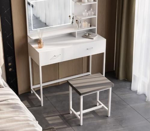 طقم تسريحة لغرفة النوم مع مرآة بإضاءة LED مع كرسي من كاما