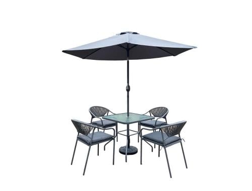 طقم جسلة خارجية 4 كرسي وطاولة ومظلة لون رمادي من كاما