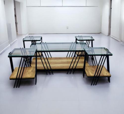 طقم طاولات شاي مودرن خشب سطح زجاج 5 قطع لون بيج غامق من كاما