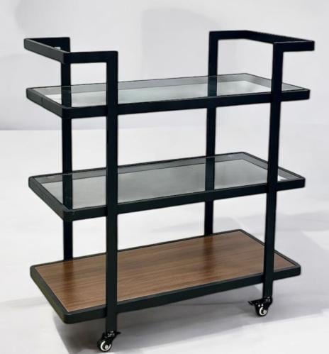 عربة تقديم أنيقة لون خشبي من ٣ أدوار زجاج وخشب وقواعد حديد من كاما
