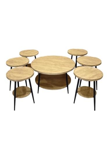 مجموعة طاولات خدمة خشب 6+1 – لون خشبي فاخر – طاولة كبيرة مع 6 طاولات تقديم صغيرة – مثالي للمنزل والضيافة – من كاما