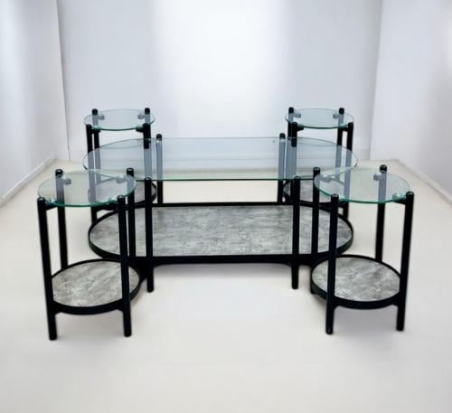 طقم طاولات خدمةدائري 4+1 زجاج وخشب لون رمادي  من كاما