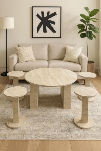 طقم طاولات خدمة لون بيج دائرية لغرفة المعيشة مع طاولة وسط و4 طاولات جانبية بتصميم عصري