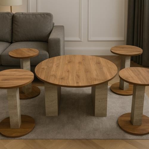 طقم طاولات خدمة لون بني و بيج دائرية لغرفة المعيشة مع طاولة وسط و4 طاولات جانبية بتصميم عصري
