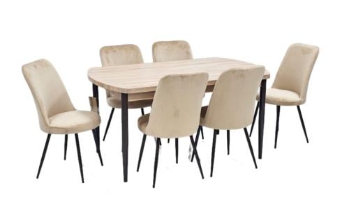 طاولة طعام خشب مع 6 كراسي مخمل لون بيج فاتح مقدم لكم من كاما