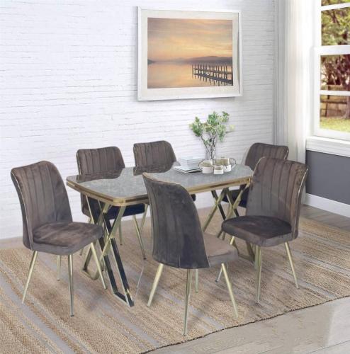 طاولة طعام لون بني تركية بسطح خشبي فاخر مع 6كراسي مريحة لتنسيق المساحات الحديثة