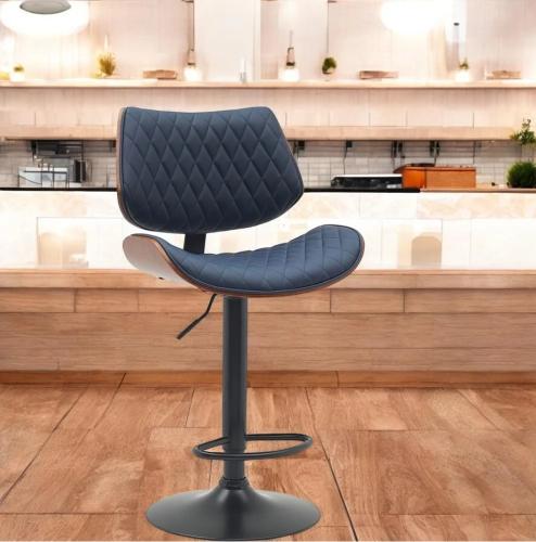 كرسي بار جلد أزرق غامق قاعدة حديد دوار من كاما