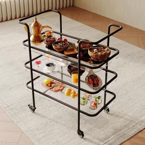 عربية ضيافة زجاج و حديد 3 دور لون أسود من كاما