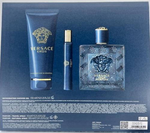 Versace Eros Set 3Pcs (Men) Parfum 100ml + Parfum Travel 10ml + Shower Gel 150ml - طقم هدية فيرزاتشي ايروس بارفيوم 100 مل + عينة سفر 10 مل + جل استحمام 150 مل