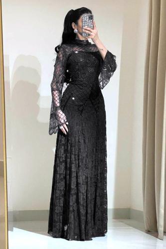 فستان سهره خناقي بأكمام طويلة لون أسود