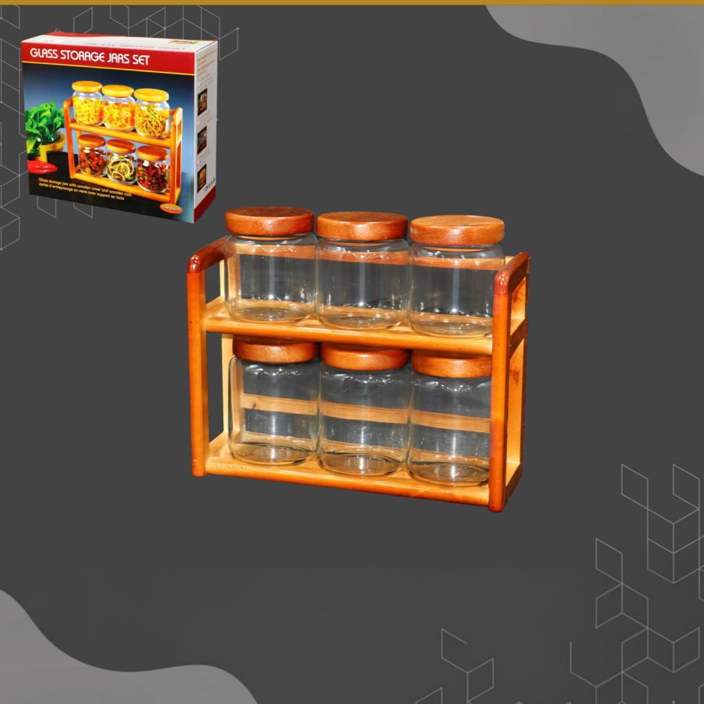 طقم علب بهارات زجاج بقاعدة خشبيه ( 6 قطع )
