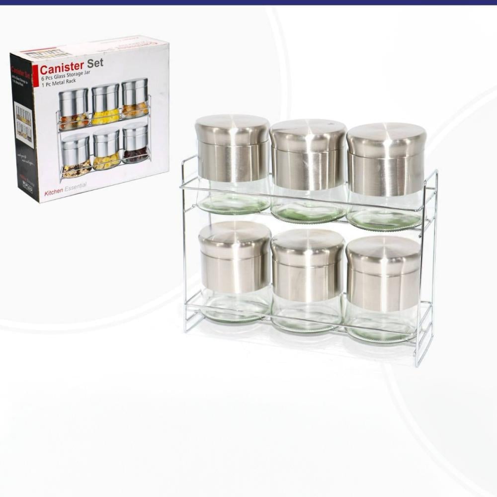 طقم علب بهارات زجاج 6 حبات وستاند