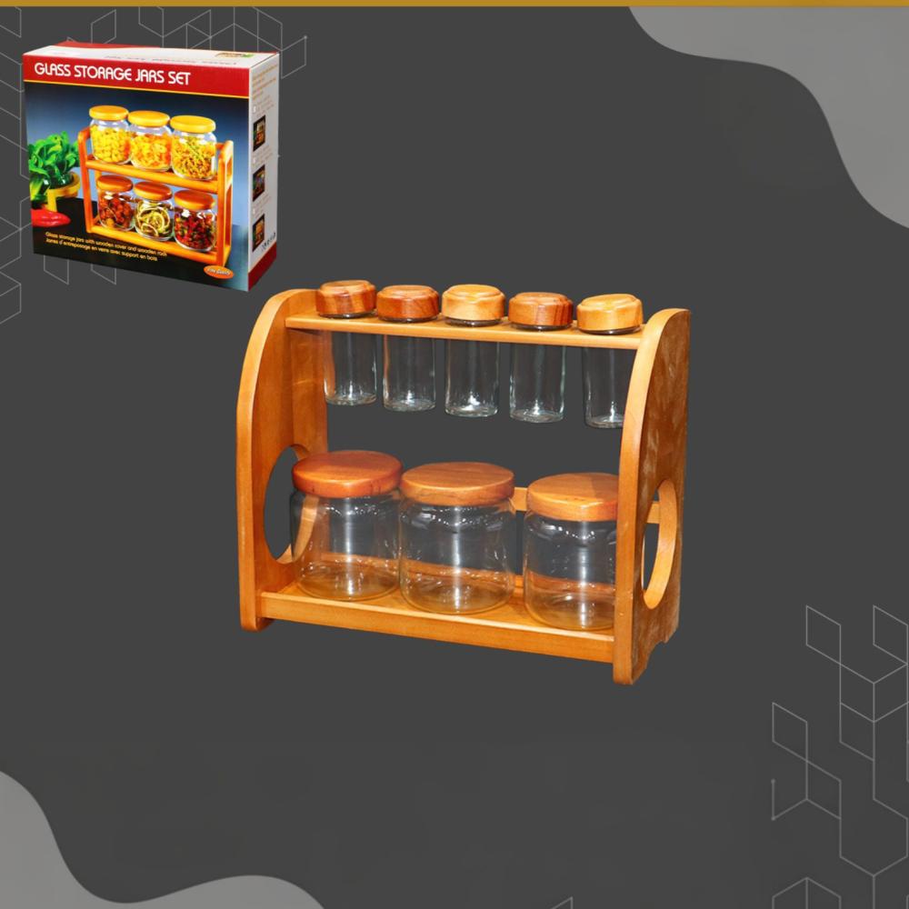 طقم علب بهارات زجاج بقاعدة خشبيه ( 8 قطع )