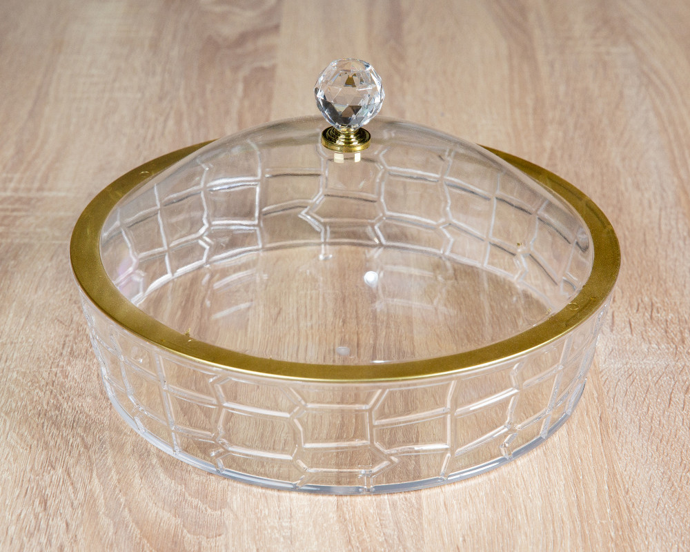 صينية تقديم اكريلك دائريه بغطاء باطراف ذهبيه