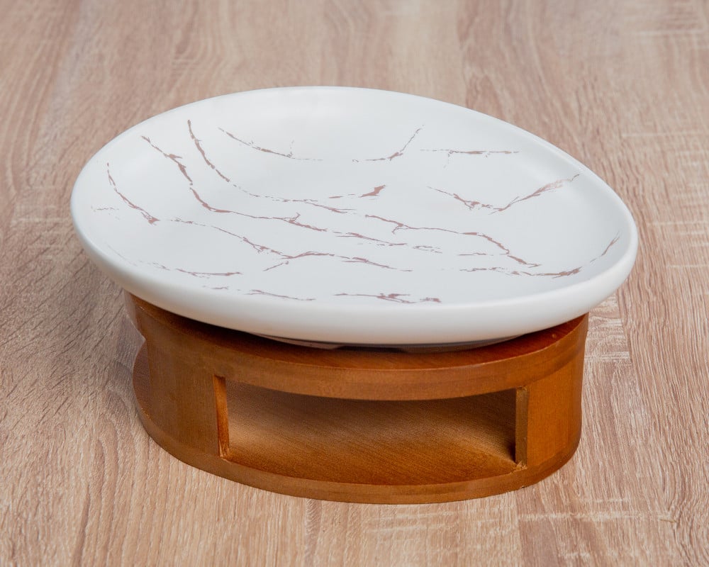 صحن تقديم رخامي بورسلان بقاعدة خشبيه