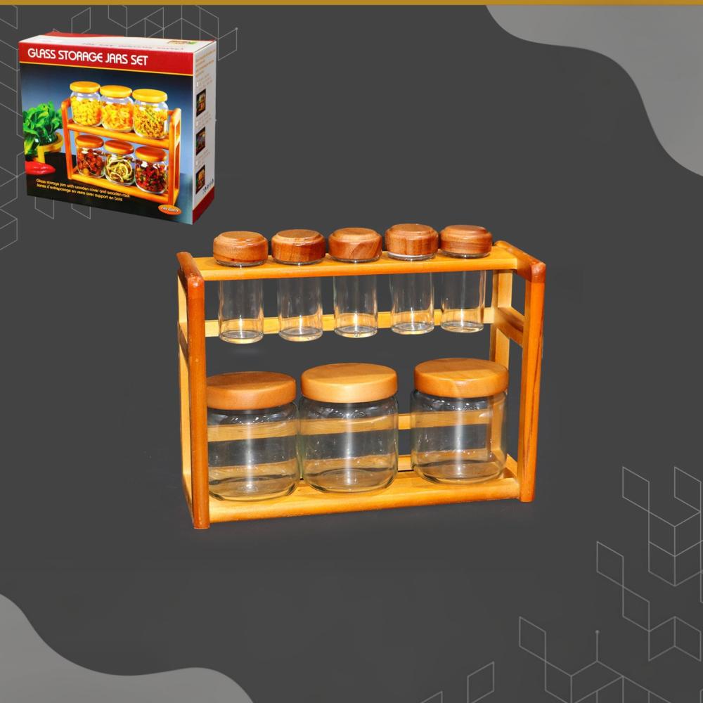 طقم علب بهارات زجاج بقاعدة خشبيه ( 8 قطع )