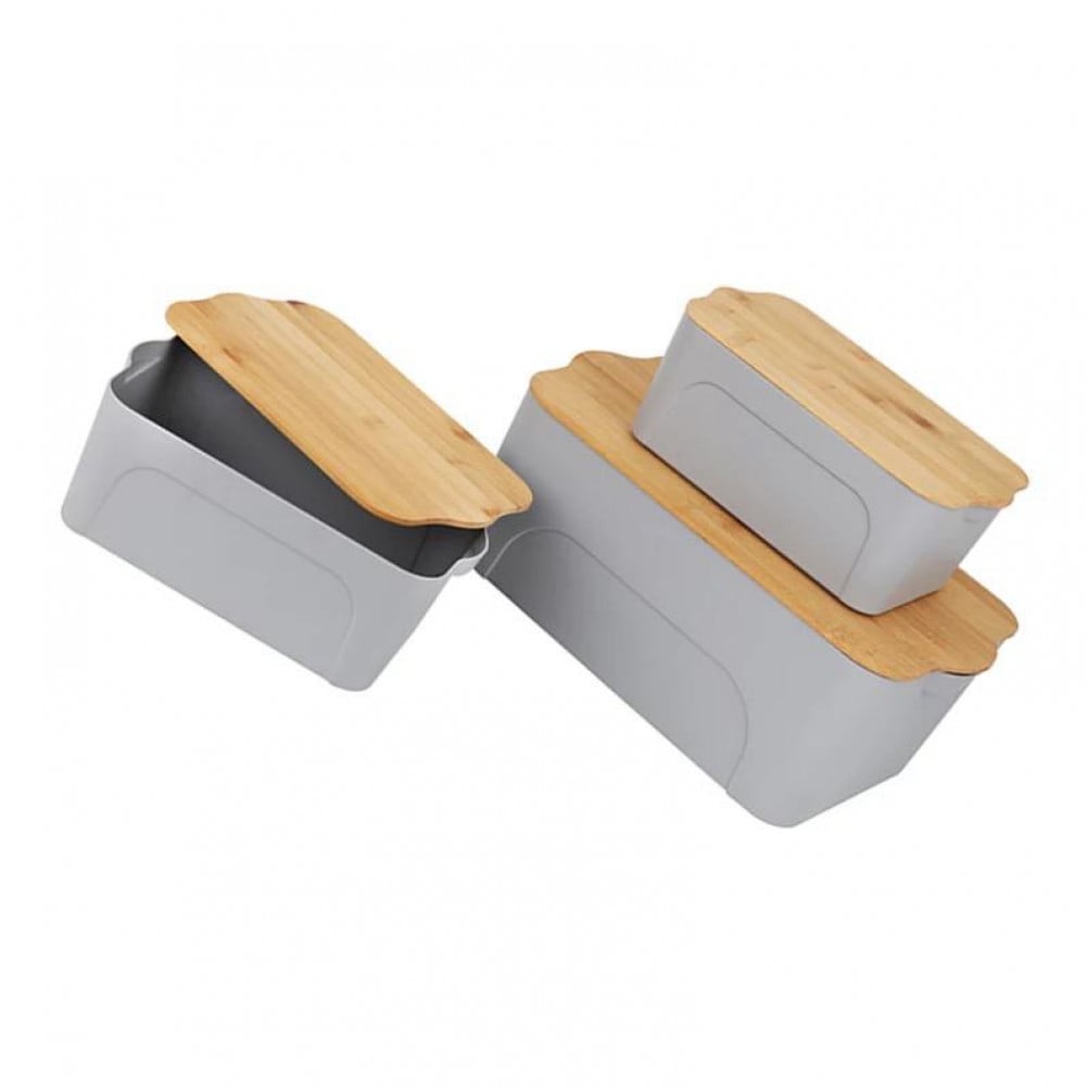 علبة تخزين بلاستيك بغطاء خشبي بعدة مقاسات