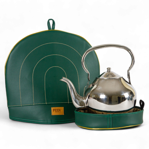 جراب غطاء ابريق جلد أخضر مذهب مع قاعدة للحفظ