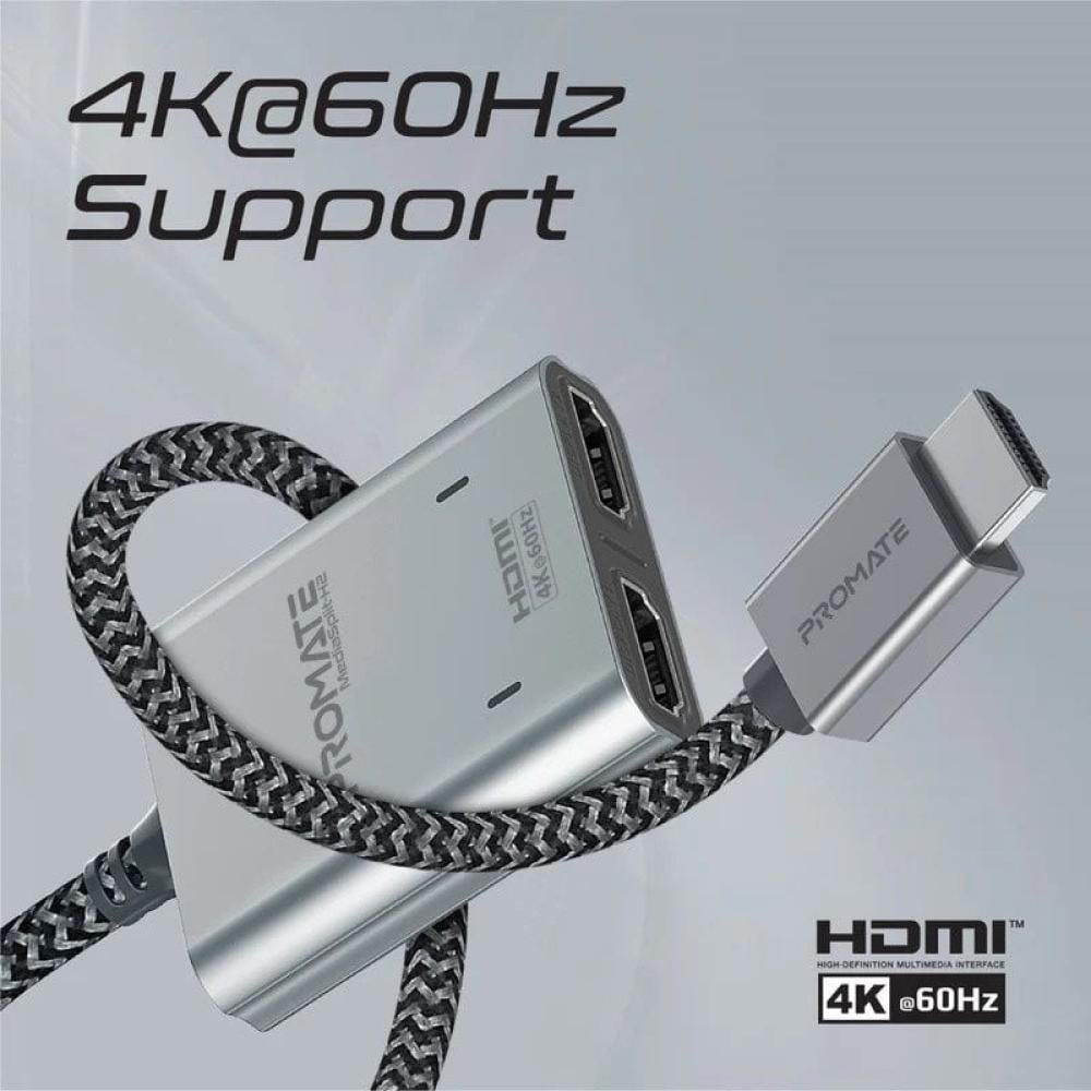 استمتع بتجربة مشاهدة مذهلة مع مقسم HDMI عالي الجودة 4K بمخرج HDMI مزدوج مع سهولة التوصيل والتشغيل وبطول كابل 1 متر Promate MediaSplit-H2