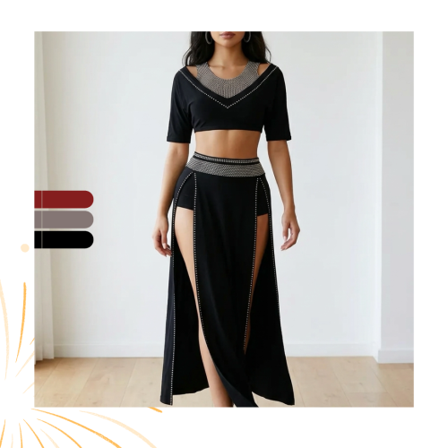 The dancer Oksana's costume is sparkly