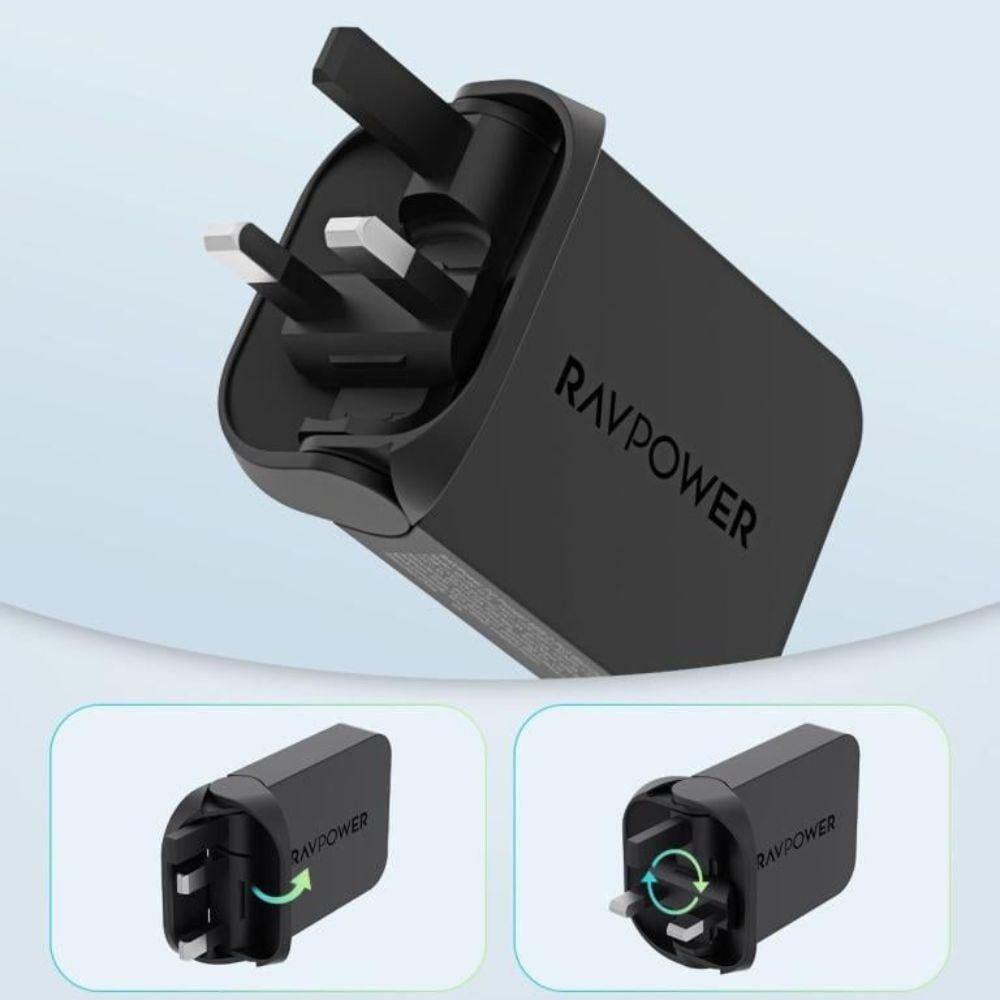 شاحن جداري نحيف راف باور 65 واط بمنفذين تايب سي - أسود