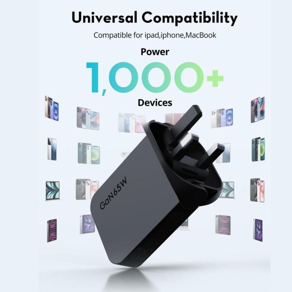 شاحن جداري نحيف راف باور 65 واط بمنفذين تايب سي - أسود