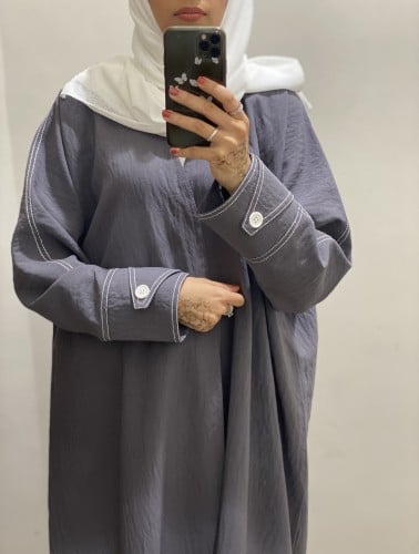 عبايه رماديه لف مع تطريز ابيض ناعم