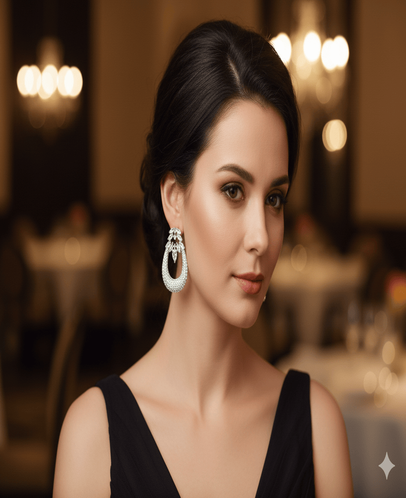 حلق فضي مرصع بالكريستال لإطلالة ملكية