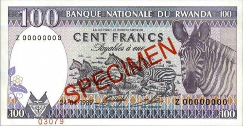 100 فرنك نموذج  رواندا لعام 1989 والحالة أنسر