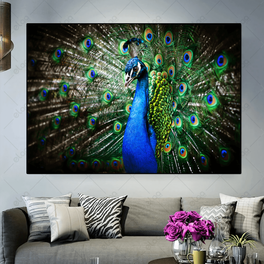 لوحة فنية منظر طبيعي لطاؤوس باللون الازرق والفيروزي