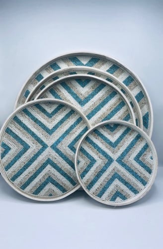 طقم مكون من 5 ألواح من الخوص الطبيعي مزين بالخرز (45سم،40سم،35سم،30سم،25سم)