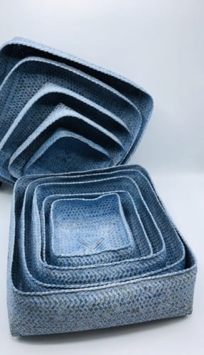 5صناديق من الخوص لون أزرق فاتح (الحجم الكبير 30سم، 25سم، 20سم، 16سم، 13سم)