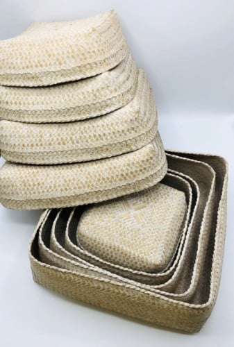 5صناديق من الخوص لون أبيض (الحجم الكبير 30سم، 25سم، 20سم، 16سم، 13سم)