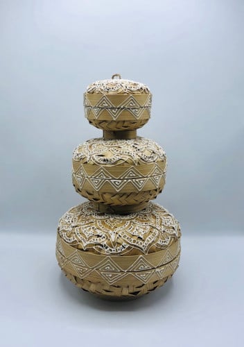 3 صناديق صغيرة  الحجم ( 20سم  ، 15سم ، 10سم ) بداخل بعضها مع غطاء لكل صندوق.