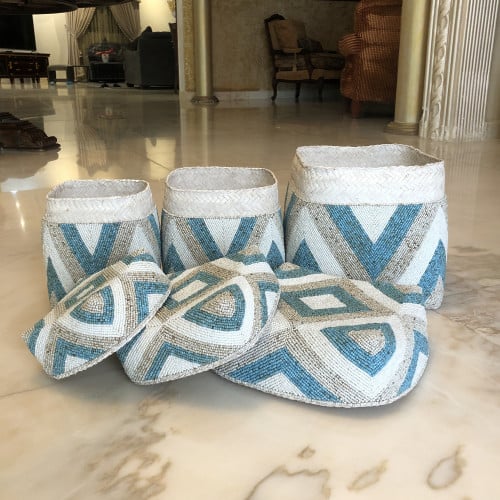 3صناديق من الخوص مزينة بالخرز (30سم، 25سم، 20سم)