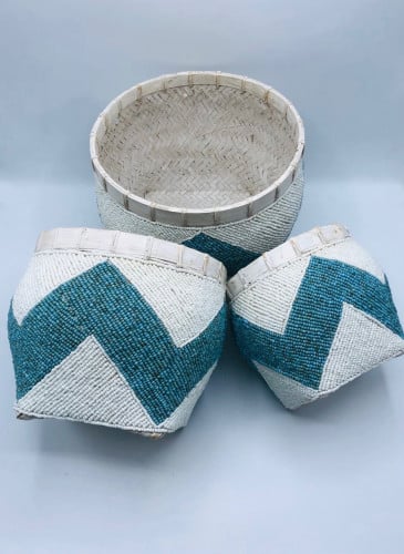 طقم من 3 أحواض زراعية من الخوص مزينة  بالخرز