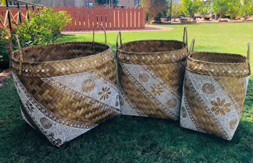 3 سلات تنظيم لون بيج مرسومه بالأبيض (الحجم الكبير 40سم x 40سم - الحجم الوسط 40سم x 30سم - الحجم الصغير 30سم x 25سم)