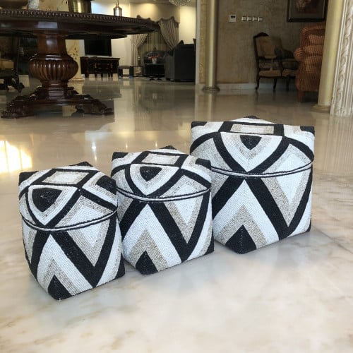 3صناديق من الخوص مزينة بالخرز (30سم، 25سم، 20سم)