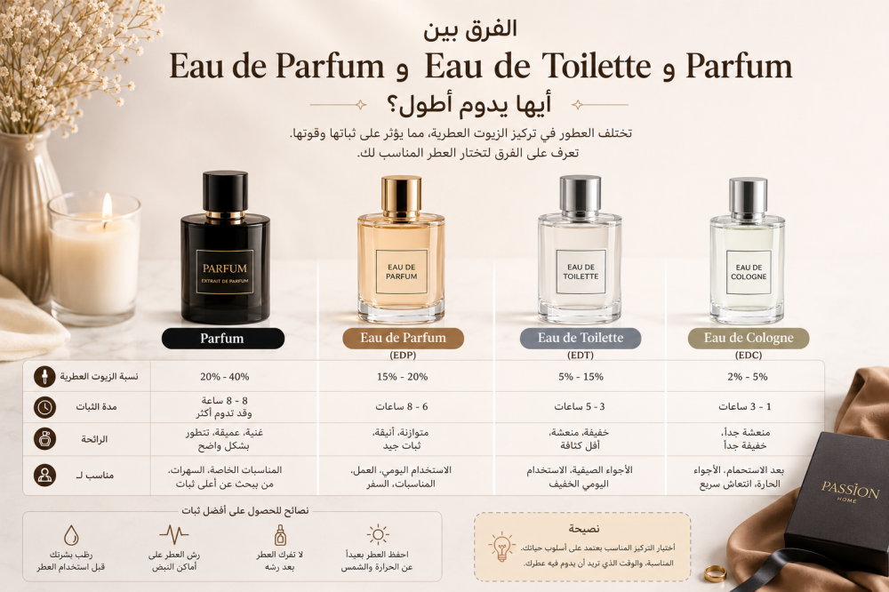 الفرق بين Eau de Parfum و Eau de Toilette و Parfum.. أيها يدوم أطول؟