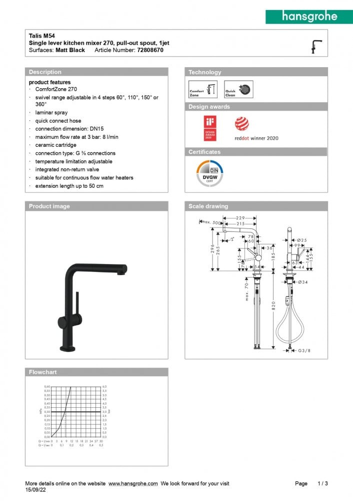 خلاط مطبخ أسود سحاب تاليس مفرد هانس جروهي / hansgrohe