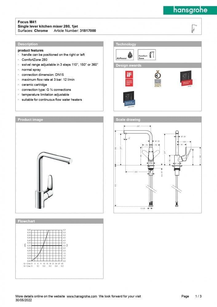خلاط مطبخ كروم فوكس 280 من Hansgrohe – جودة ألمانية ولمسة فخامة