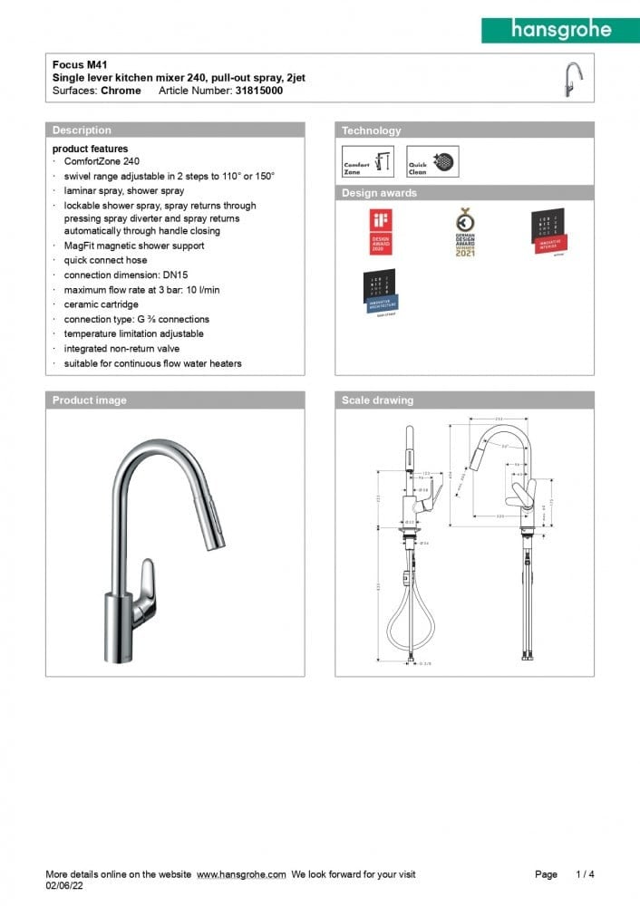 خلاط مطبخ كروم فوكس سحاب 240 هانس جروهي / hansgrohe