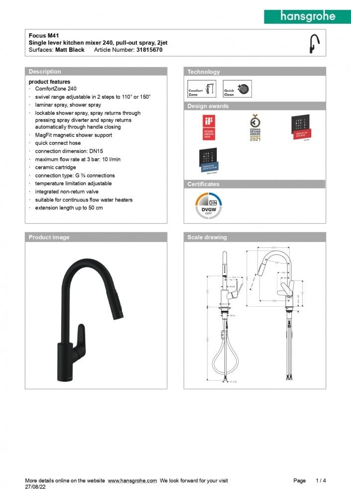 خلاط مطبخ أسود سحاب فوكس هانس جروهي / hansgrohe