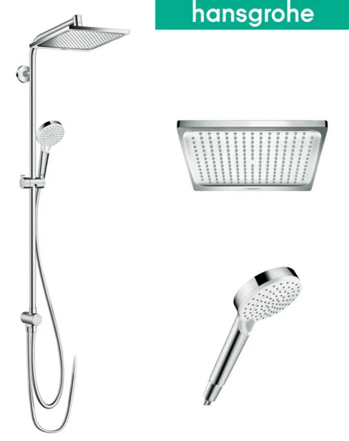 دش شاور كامل بطاسة مربعة من Hansgrohe – مسطرة شاور فاخرة بتصميم عصري للحمام