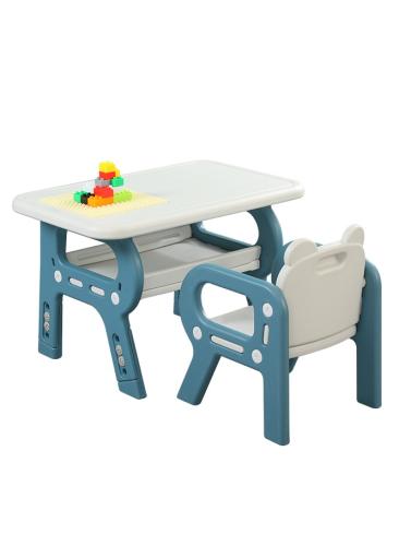 طقم طاولة وكرسي للأطفال متعددة الوظائف مع رف تخزين ,أزرق -أبيض