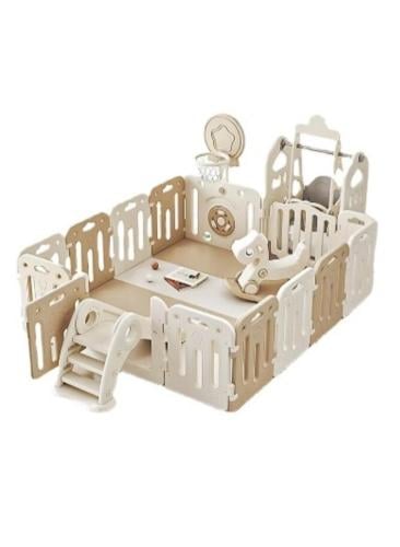 غرفة العاب أطفال  قابلة للطي مع مرجيحة وزحليقة وحصان هزاز  وحلقة كرة سلة وسبورة رسم  6*1 ,150*180 سم,FJY-22C092Coffee