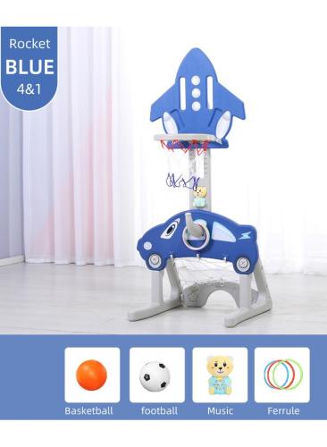 مجموعة كرة السلة 4 في 1 على شكل صاروخ تجمع بين لعبة كرة السلة و كرة القدم ولعبة الرمي الدائري وموسيقي ,أزرق