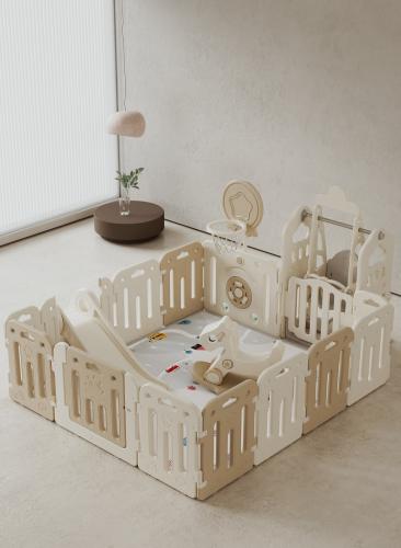 غرفة العاب أطفال قابلة للطي مع مرجيحة وزحليقة وحصان هزاز وحلقة كرة سلة وسبورة رسم 6*1 ,180*200 سم,FJY-22C093Coffee