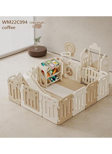 غرفة العاب أطفال  قابلة للطي مع مرجيحة وزحليقة ورف تخزين كتب وحلقة كرة سلة وسبورة رسم  6*1 ,180*200 سم,FJY-22C094Coffee